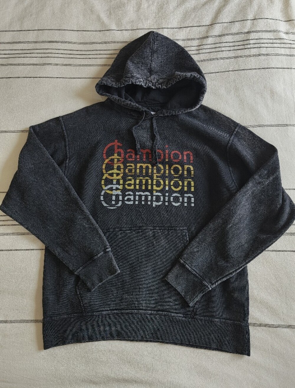 Champion Black Washed Hoodie with Red, Yellow, White Logo Sz Large